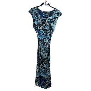 Connected Apparel Maxi Dress 12 Blue Floral Belted Cap Sleeve